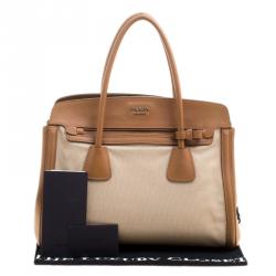 Pre Owned Prada Beige/Caramel Corda Canvas and Saffiano Lux Leather Tote