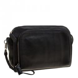 Pre Owned Prada Black Vitello City Leather Zip Clutch