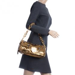 Pre Owned Prada Bronze Snakeskin Jeweled Clutch