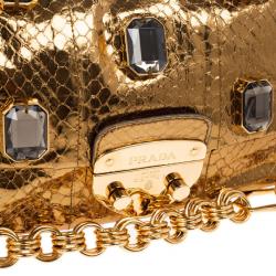 Pre Owned Prada Bronze Snakeskin Jeweled Clutch