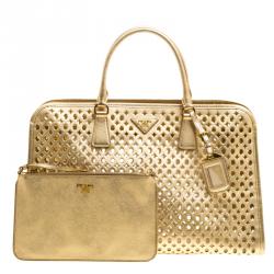 Pre Owned Prada Gold Perforated Saffiano Fori Leather Satchel