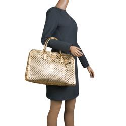 Pre Owned Prada Gold Perforated Saffiano Fori Leather Satchel