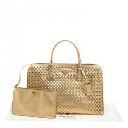 Pre Owned Prada Gold Perforated Saffiano Fori Leather Satchel