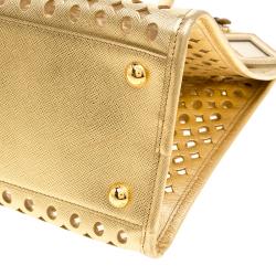 Pre Owned Prada Gold Perforated Saffiano Fori Leather Satchel