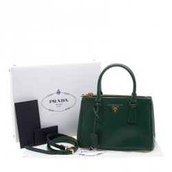 Pre Owned Prada Green Saffiano Lux Leather Mini Double Zip Tote