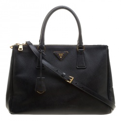 Pre Owned Prada Black Saffiano Lux Leather Medium Double Zip Tote