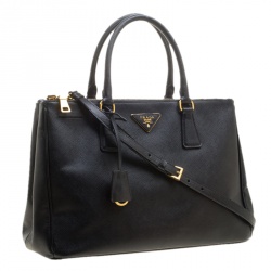 Pre Owned Prada Black Saffiano Lux Leather Medium Double Zip Tote