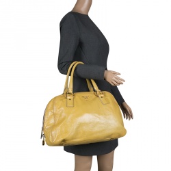 Pre Owned Prada Yellow Crinkled Patent Leather Satchel