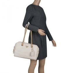 Prada Off White Vitello Daino Leather Bowling Bag