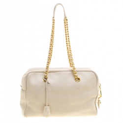Prada Off White Vitello Daino Leather Bowling Bag
