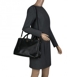 Pre Owned Prada Black Saffiano Lux Leather Medium Double Zip Tote