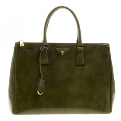Pre Owned Prada Olive Green Patent Spazzolato Leather Large Double Zip Tote