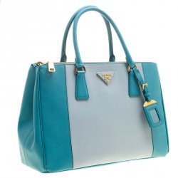 Pre Owned Prada Blue Bicolor Saffiano Lux Leather Medium Double Zip Tote