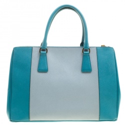 Pre Owned Prada Blue Bicolor Saffiano Lux Leather Medium Double Zip Tote