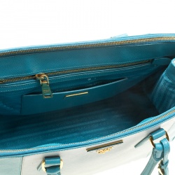 Pre Owned Prada Blue Bicolor Saffiano Lux Leather Medium Double Zip Tote