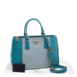 Pre Owned Prada Blue Bicolor Saffiano Lux Leather Medium Double Zip Tote