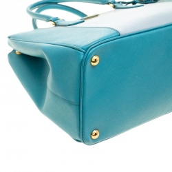 Pre Owned Prada Blue Bicolor Saffiano Lux Leather Medium Double Zip Tote