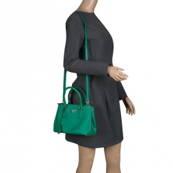 Pre Owned Prada Green Saffiano Lux Leather Mini Double Zip Tote