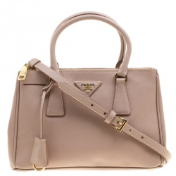 Pre Owned Prada Beige Saffiano Lux Leather Mini Double Zip Tote