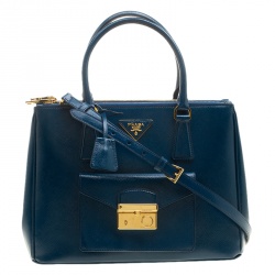 Pre Owned Prada Ocean Blue Saffiano Patent Leather Medium Front Pocket Double Zip Lux Tote 