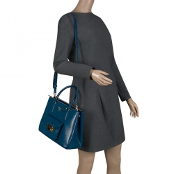 Pre Owned Prada Ocean Blue Saffiano Patent Leather Medium Front Pocket Double Zip Lux Tote 