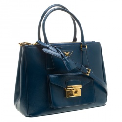 Pre Owned Prada Ocean Blue Saffiano Patent Leather Medium Front Pocket Double Zip Lux Tote 
