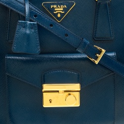 Pre Owned Prada Ocean Blue Saffiano Patent Leather Medium Front Pocket Double Zip Lux Tote 