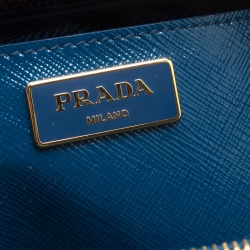 Pre Owned Prada Ocean Blue Saffiano Patent Leather Medium Front Pocket Double Zip Lux Tote 