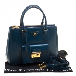 Pre Owned Prada Ocean Blue Saffiano Patent Leather Medium Front Pocket Double Zip Lux Tote 