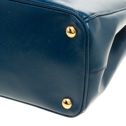 Pre Owned Prada Ocean Blue Saffiano Patent Leather Medium Front Pocket Double Zip Lux Tote 