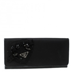 Pre Owned Prada Black Nylon Embellished Continental Wallet