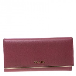 Pre Owned Prada Dark Pink Saffiano Leather Detail Organizer Wallet