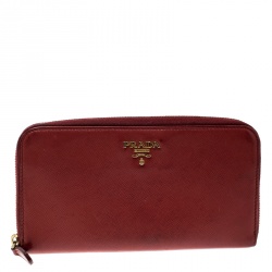 Pre Owned Prada Red Saffiano Multic Leather Zip Around Wallet