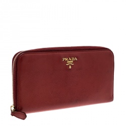 Pre Owned Prada Red Saffiano Multic Leather Zip Around Wallet