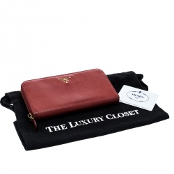 Pre Owned Prada Red Saffiano Multic Leather Zip Around Wallet