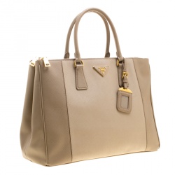 Pre Owned Prada Beige Saffiano Lux Leather Large Double Zip Tote