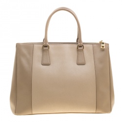 Pre Owned Prada Beige Saffiano Lux Leather Large Double Zip Tote