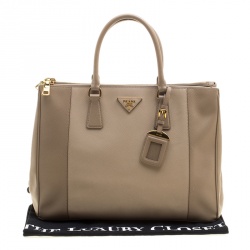 Pre Owned Prada Beige Saffiano Lux Leather Large Double Zip Tote