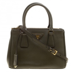 Pre Owned Prada Military Green Saffiano Lux Leather Mini Double Zip Tote