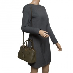 Pre Owned Prada Military Green Saffiano Lux Leather Mini Double Zip Tote