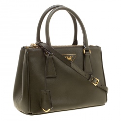 Pre Owned Prada Military Green Saffiano Lux Leather Mini Double Zip Tote