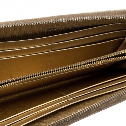 Pre Owned Prada Gold Saffiano Metal Leather Zip Around Wallet