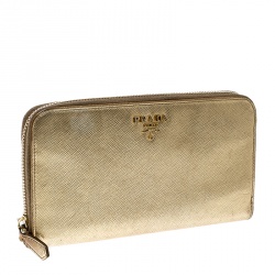 Pre Owned Prada Gold Saffiano Metal Leather Zip Around Wallet