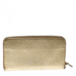 Pre Owned Prada Gold Saffiano Metal Leather Zip Around Wallet