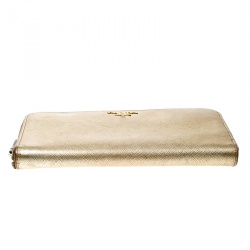 Prada Gold Saffiano Metal Leather Zip Around Wallet