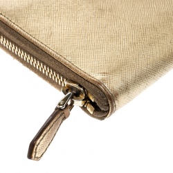 Pre Owned Prada Gold Saffiano Metal Leather Zip Around Wallet