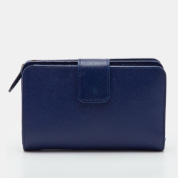 Pre Owned Prada Navy Blue Saffiano Lux Leather Compact Wallet