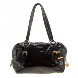 Pre Owned Prada Black Textured Patent Leather Satchel
