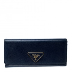 Pre Owned Prada Blue Saffiano Triang Leather Continental Wallet