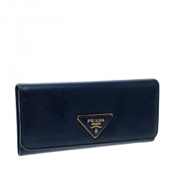 Pre Owned Prada Blue Saffiano Triang Leather Continental Wallet